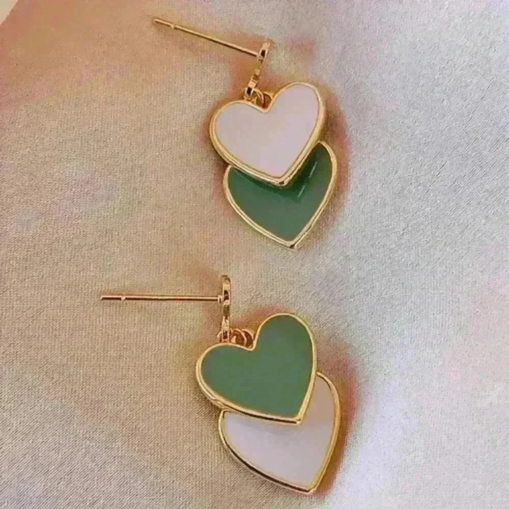 Double Green and White Heart Drop Earrings